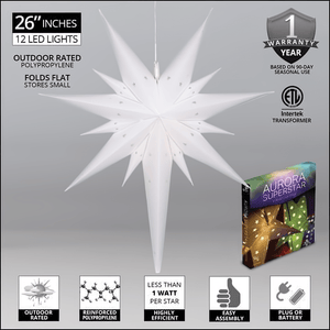 26" Fold Flat Aurora Superstar LED Bethlehem Star, Outdoor Rated, White Christmas Decorations Wintergreen Corporation