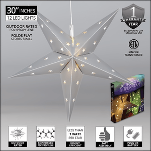 30" Fold Flat 5 Point Aurora Superstar LED Star, Outdoor Rated, Silver Christmas Decorations Wintergreen Corporation