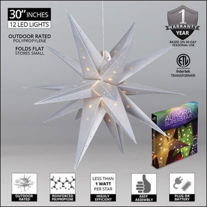 30" Fold Flat Aurora Superstar LED Moravian Star, Outdoor Rated, Silver Christmas Decorations Wintergreen Corporation