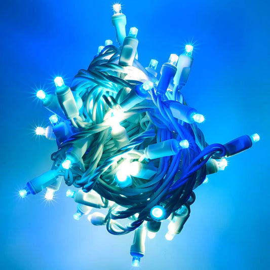 50 5mm ColorSplash Arctic Blue Cool White Teal LED Christmas Lights 6’’ Spacing White Wire - Christmas Lights