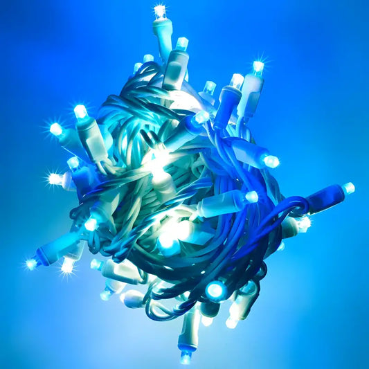 50 5mm ColorSplash Arctic Blue Cool White Teal LED Christmas Lights 6’’ Spacing White Wire - Christmas Lights