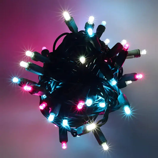 50 5mm ColorSplash Cotton Candy Pink Cool White Teal LED Christmas Lights 6’’ Spacing - Christmas Lights
