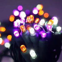 50 5mm ColorSplash Halloween - Purple, Cool White, and Orange LED Christmas Lights, 6" Spacing, Green Wire