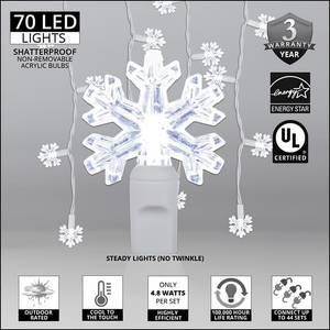5mm Cool White LED Icicle Snowflake Lights, 70 Bulbs, 7.5ft Long, White Wire Christmas Lights Wintergreen Corporation