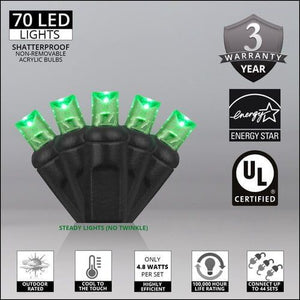 5mm Green LED Christmas Lights, 70 Bulbs, 4" Spacing, Black Wire Christmas Lights Wintergreen Corporation
