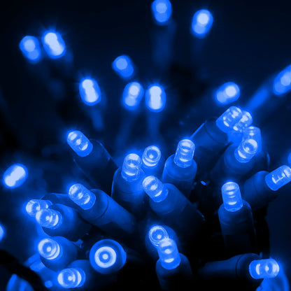 100 5mm Blue LED Christmas Lights, 4" Spacing, Green Wire