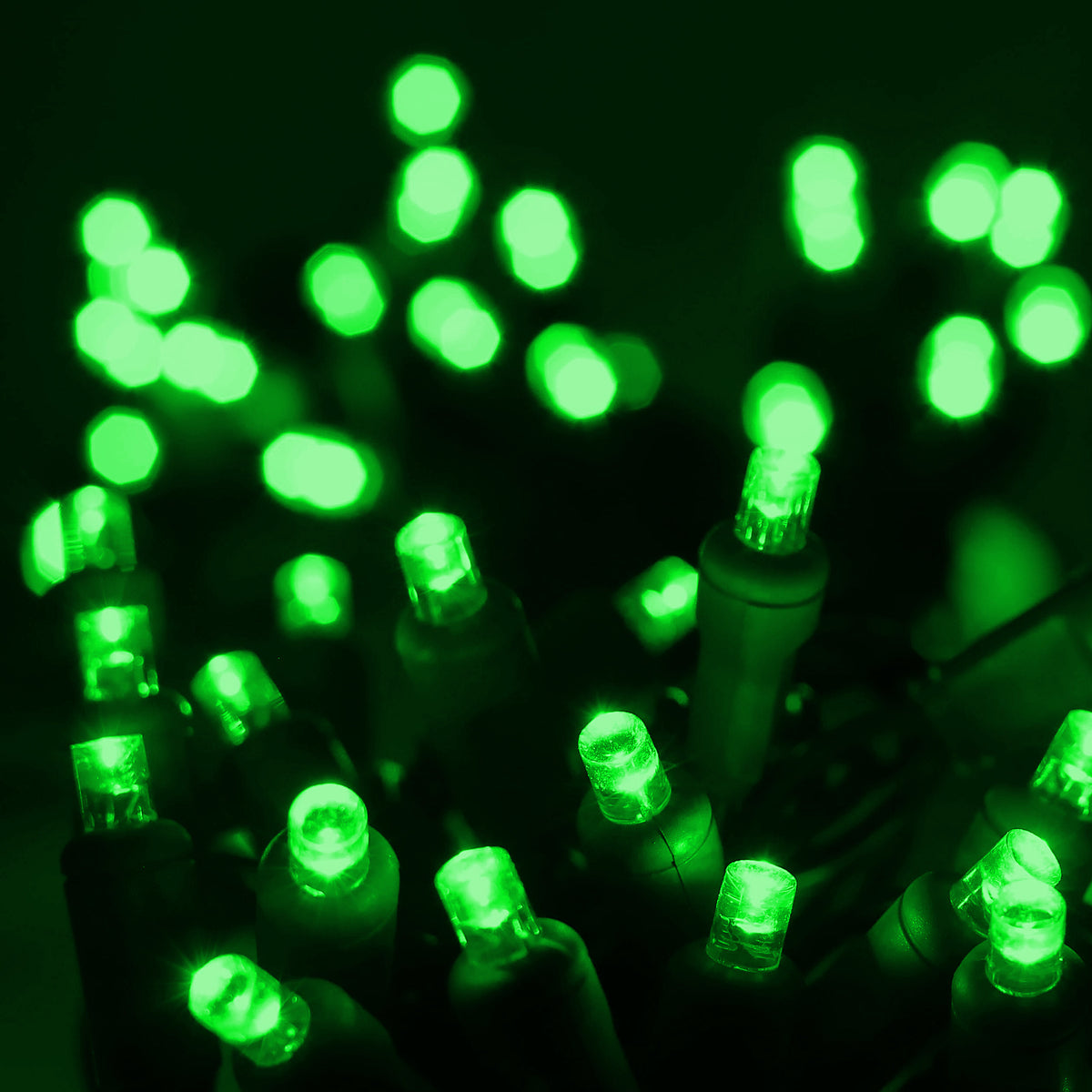 50 5mm Green LED Christmas Lights, 4" Spacing, Green Wire
