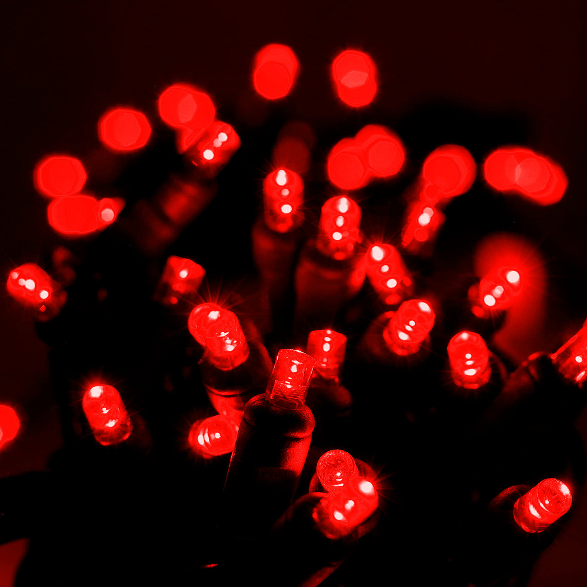 50 5mm Red LED Christmas Lights, 4" Spacing, Green Wire