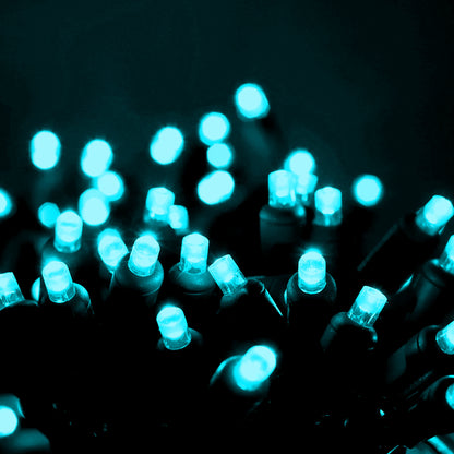 100 5mm Teal LED Christmas Lights, 4" Spacing, Green Wire
