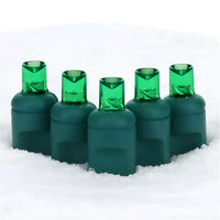 70 5mm Green LED Christmas Lights, 4" Spacing, Green Wire
