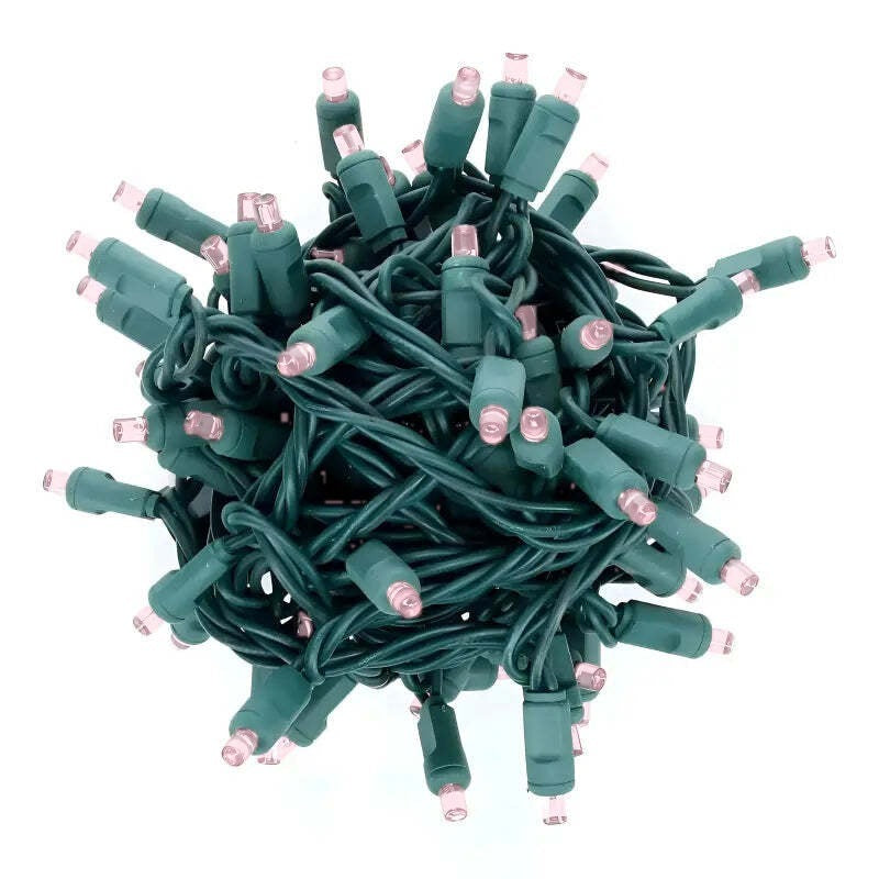 70 5mm Pale Pink LED Christmas Lights, 4" Spacing, Green Wire [CLOSEOUT]