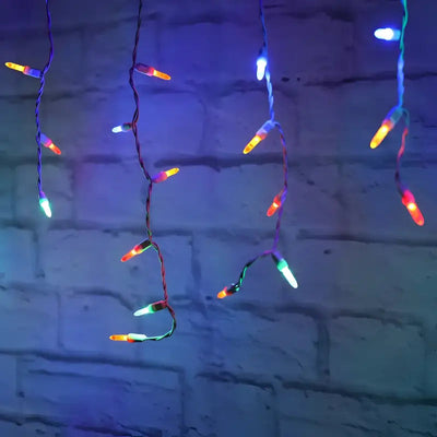 Multicolor 70-count M5 LED icicle Christmas lights on white wire