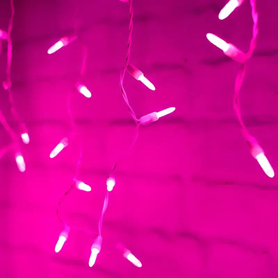 Pink 70-count M5 LED icicle Christmas lights on white wire