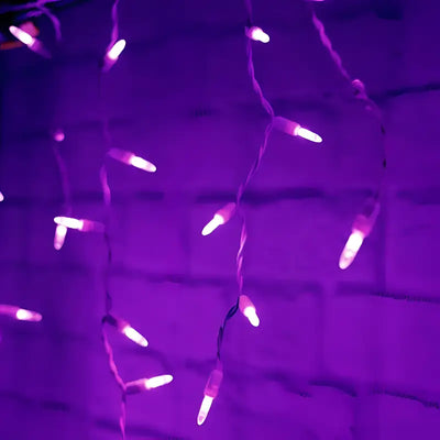 Purple 70-count M5 LED icicle Christmas lights on white wire