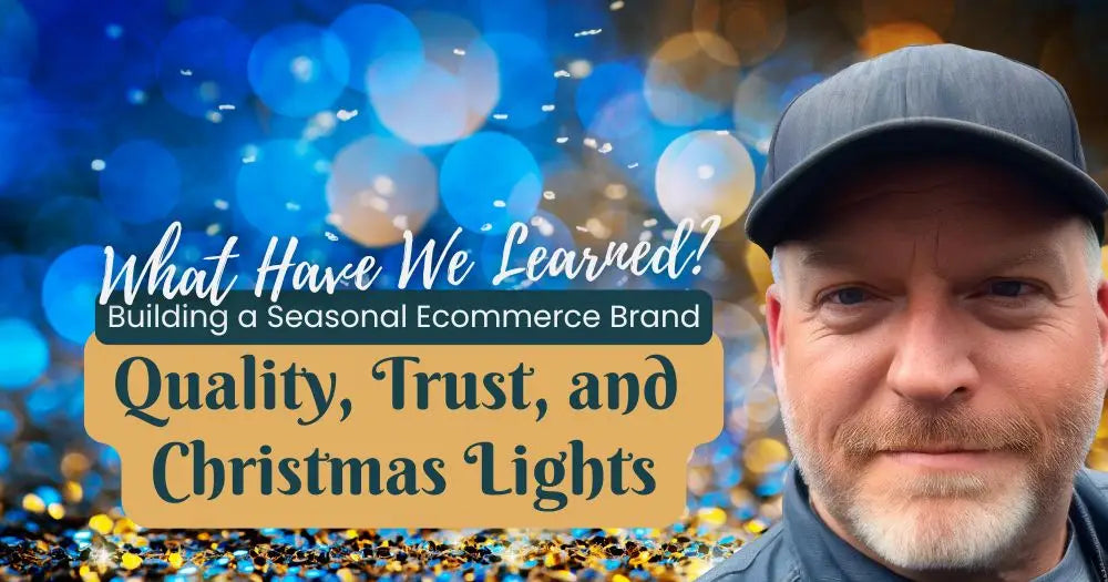 Man in gray cap against blurred blue and gold bokeh lights, accompanying article about seasonal ecommerce and Christmas li...