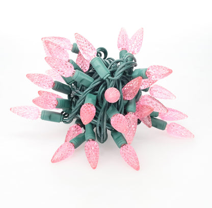 35 C6 Pink LED Christmas Lights, 4" Spacing, Green Wire [CLOSEOUT]