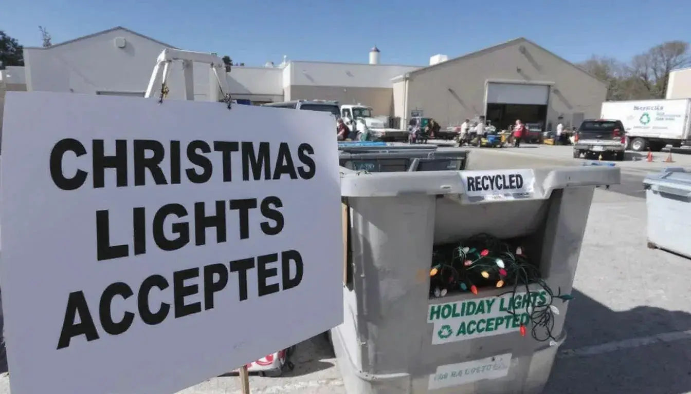 An image of a local recycling center dedicated to recycling Christmas lights, featuring a designated drop-off area for broken and old holiday lights. The facility promotes its Christmas light recycling program, encouraging the community to recycle string lights and reduce waste during the holiday season.