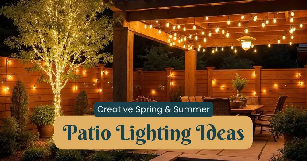 Illuminated wooden patio with warm string lights overhead, glowing tree, lit fence, and lounge chairs at night.
