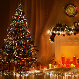 christmas tree and fireplace covered in lights