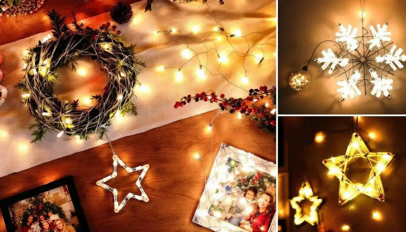 The image showcases various creative DIY holiday crafts made from old and broken Christmas lights, demonstrating how to recycle Christmas lights instead of discarding them. These crafts highlight the personal touch and environmental impact of reusing broken holiday lights during the festive season.