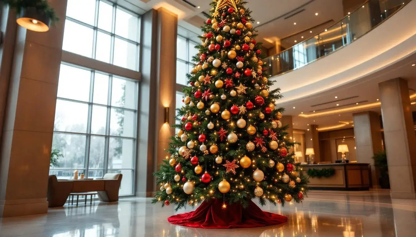 A beautifully decorated Christmas tree stands in a professional lobby, adorned with LED lights and coordinated ornaments, creating a festive holiday display that enhances the commercial space. This charming holiday decor invites guests and customers to experience the joy and magic of the season.