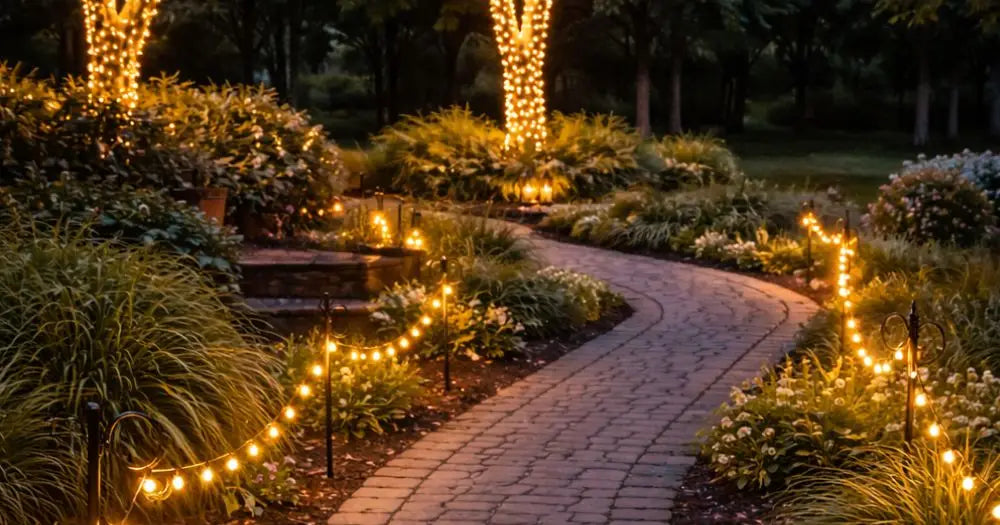 Illuminated garden pathway at dusk with warm golden string lights wrapped around palm trees and lining curved brick walkwa...