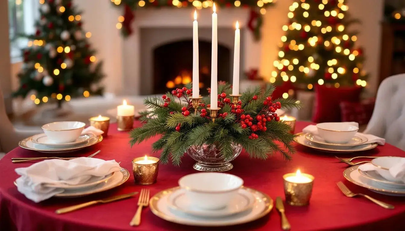 An elegant indoor holiday table setting features beautifully coordinated centerpieces adorned with greenery and festive decorations, complemented by soft ambient lighting that creates a warm and inviting atmosphere for the holiday season. The arrangement is perfect for family gatherings, showcasing the joy of christmas decor and expert designers' touch.