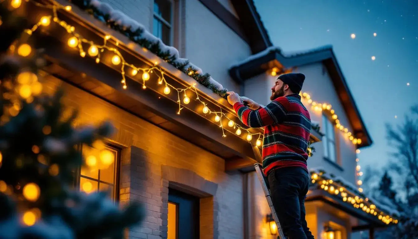 A professional Christmas decorator is carefully installing elegant holiday lights on the exterior of a home, transforming the property into a festive display filled with joy for the holiday season. The scene captures the meticulous attention to detail in the christmas decorations, creating a warm and inviting atmosphere.