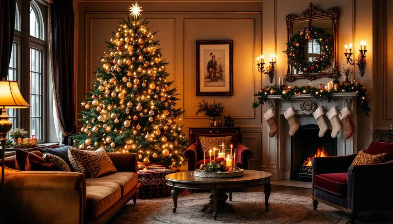 The image showcases a beautifully decorated living room featuring an elegant Christmas tree adorned with twinkling lights and coordinated holiday decor, creating a cozy winter wonderland ambiance perfect for the holiday season. The space is enhanced by tasteful wreaths and garlands, exemplifying expert holiday decorating that invites joy and festive memories.
