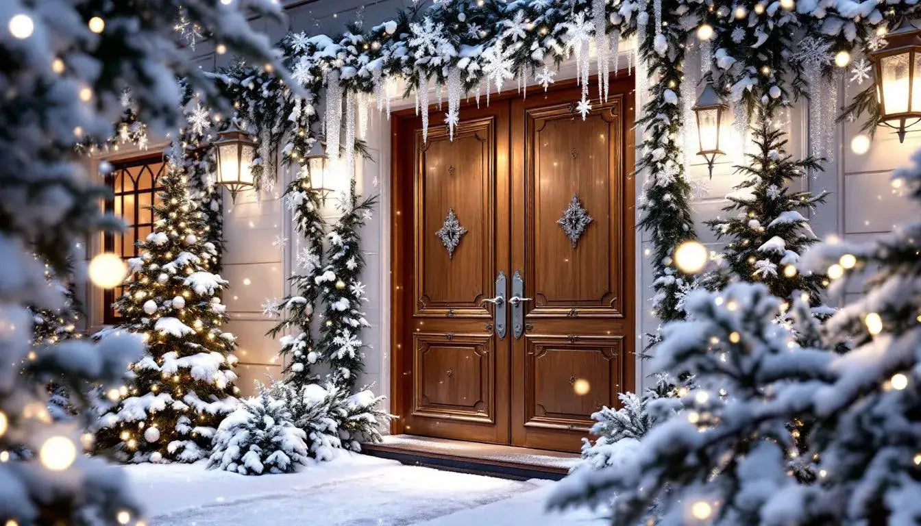 The image depicts an elegant winter wonderland themed front entrance adorned with white and silver decorations, including a beautifully decorated Christmas tree, shimmering lights, and festive wreaths, creating a magical holiday atmosphere. This stunning display exemplifies expert commercial Christmas decorating, perfect for welcoming family and customers during the holiday season.