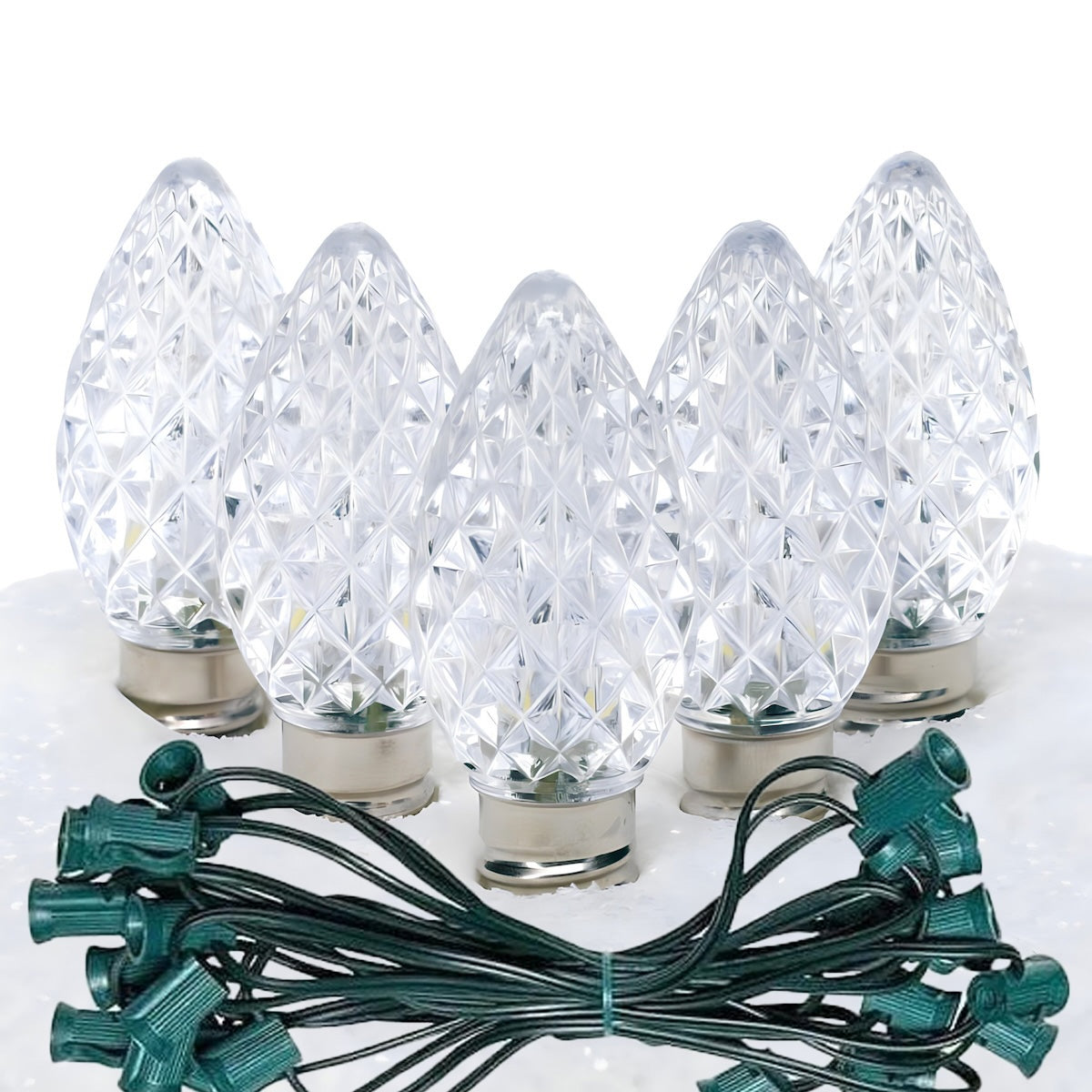 C7 Cool White  LED Christmas Light Bulb String Light Set, Faceted, 12" Spacing, String of 25