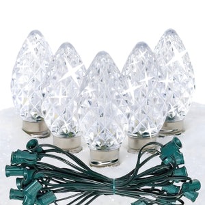 C7 Cool White  TWINKLE LED Christmas Light Bulb String Light Set, Faceted, 12" Spacing, String of 25