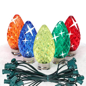 C7 Multicolor TWINKLE LED Christmas Light Bulb String Light Set, Faceted, 12" Spacing, String of 25