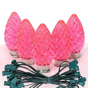 C7 Pink LED Christmas Light Bulb String Light Set, Faceted, 12" Spacing, String of 25