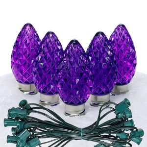 C7 Purple LED Christmas Light Bulb String Light Set, Faceted, 12" Spacing, String of 25