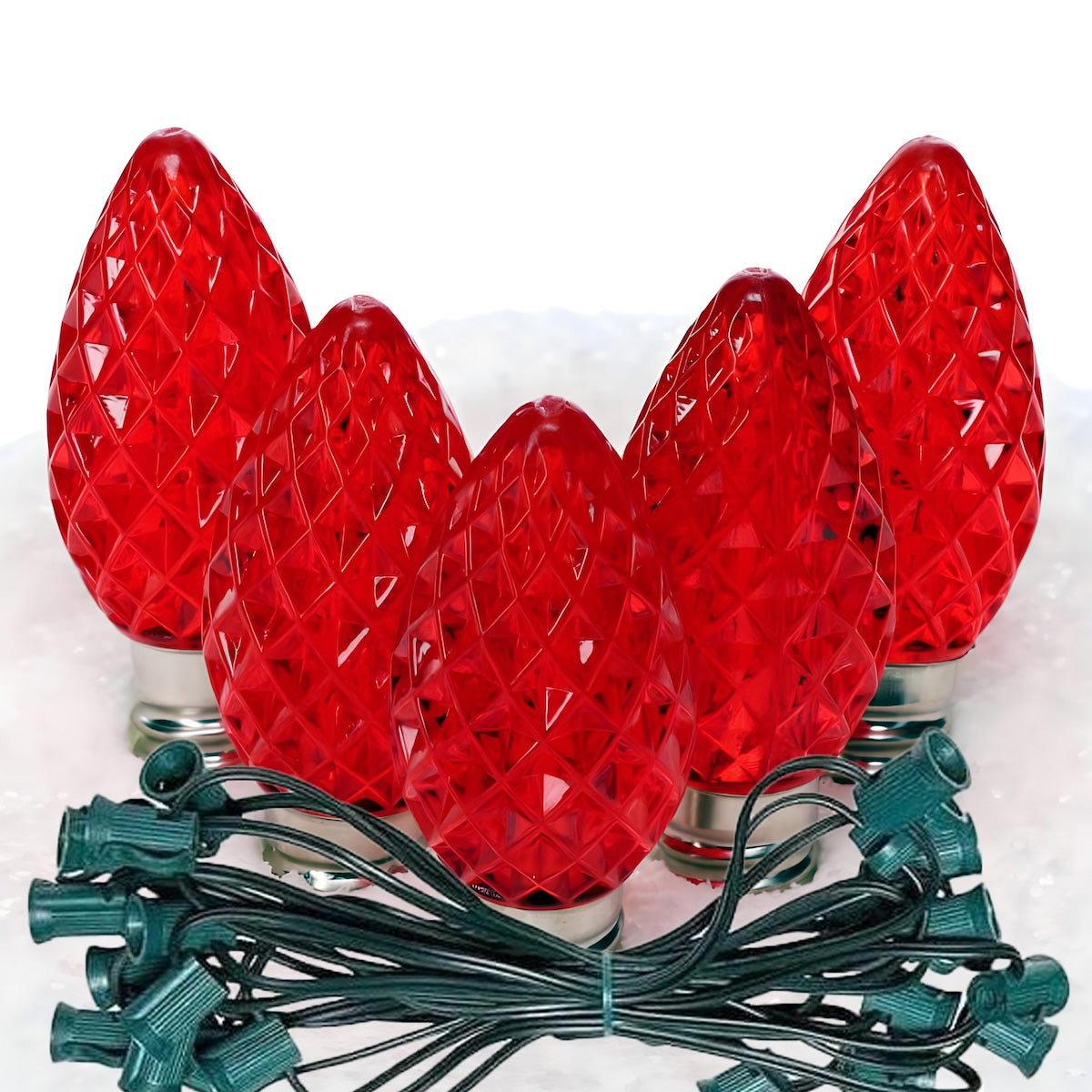 C7 Red LED Christmas Light Bulb String Light Set, Faceted, 12" Spacing, String of 25