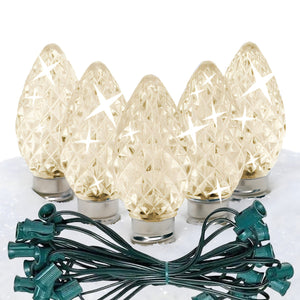 C7 Warm White  TWINKLE LED Christmas Light Bulb String Light Set, Faceted, 12" Spacing, String of 25