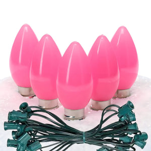 C7 Pink LED Christmas Light Bulb String Light Set, Opaque, 12" Spacing, String of 25