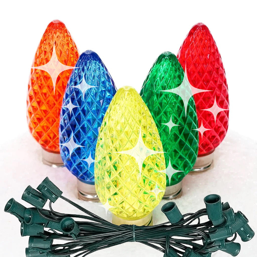 C9 Multicolor TWINKLE LED Christmas Light Bulb String Light Set, Faceted, 12" Spacing, String of 25