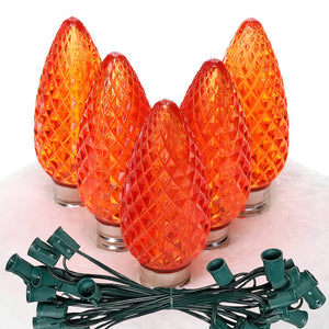 C9 Orange LED Christmas Light Bulb String Light Set, Faceted, 12" Spacing, String of 25