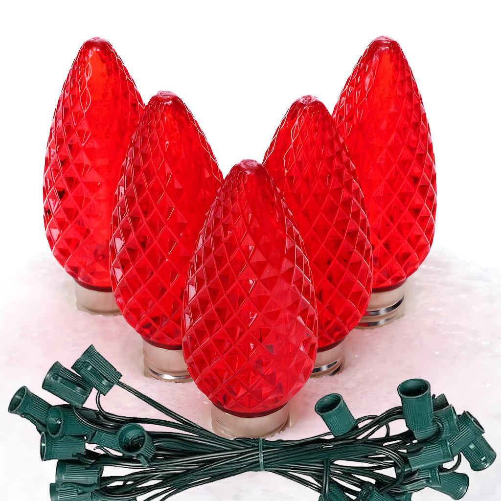 C9 Red LED Christmas Light Bulb String Light Set, Faceted, 12" Spacing, String of 25