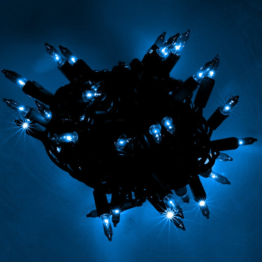 50 Blue Incandescent Mini Lights, Green Wire, 6" Spacing [CLOSEOUT] - The Christmas Light Emporium