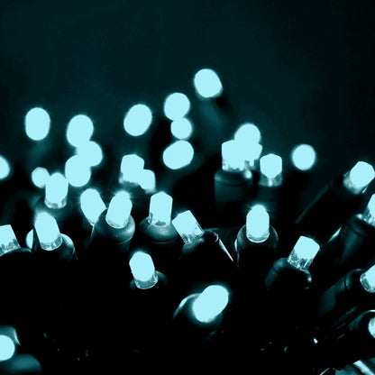 50 5mm Teal (Baby Blue) LED Christmas Lights, 4" Spacing, Green Wire [CLOSEOUT]