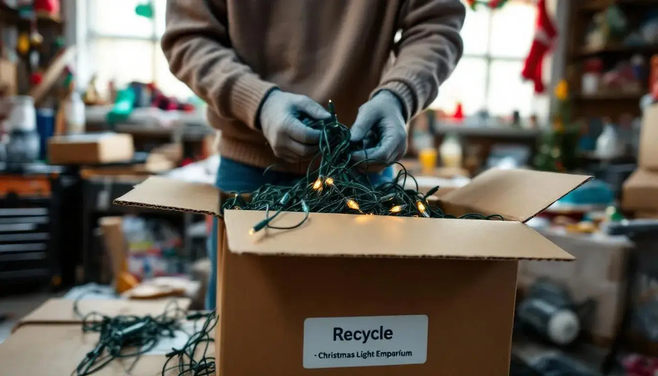 An individual is seen carefully boxing up old Christmas lights, including broken bulbs and holiday string lights, to send back to The Christmas Light Emporium for recycling. This effort highlights the importance of recycling Christmas lights and reducing waste during the holiday season.