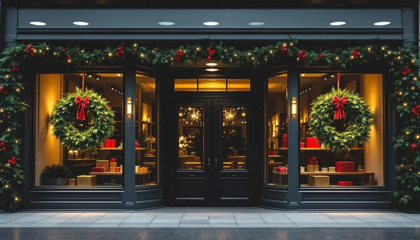 An elegant commercial storefront is adorned with large Christmas wreaths, lush garlands, and professional lighting, creating a festive holiday display that enhances the holiday spirit and leaves a lasting impression on customers. The decorations provide a charming atmosphere, perfect for attracting guests during the holiday season.