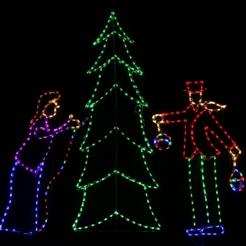 Couple Decorating Christmas Tree, Lighted Outdoor Christmas Display - Wireframes Displays and Yard Art