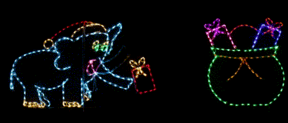 Animated Elephant with Santa Hat Tossing Packages Into Bag, Lighted Outdoor Christmas Display - Wireframes Displays