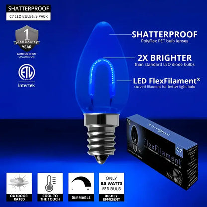 C7 Blue Transparent Shatterproof LED Filament Vintage Christmas Light Bulb Pack of 5 - Christmas Lights