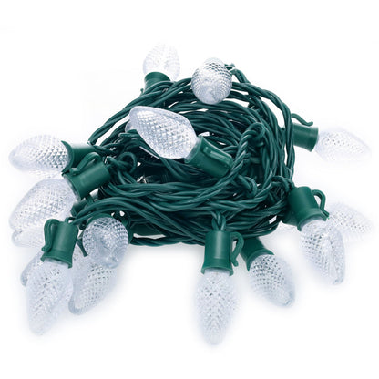 C7 Cool White LED Christmas Light Bulb String Light Set Faceted 8’’ Spacing 25 Non Removable Bulbs - Christmas Lights
