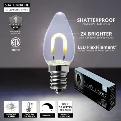 C7 Cool White Transparent Shatterproof LED Filament Vintage Christmas Light Bulb Pack of 5 - Christmas Lights